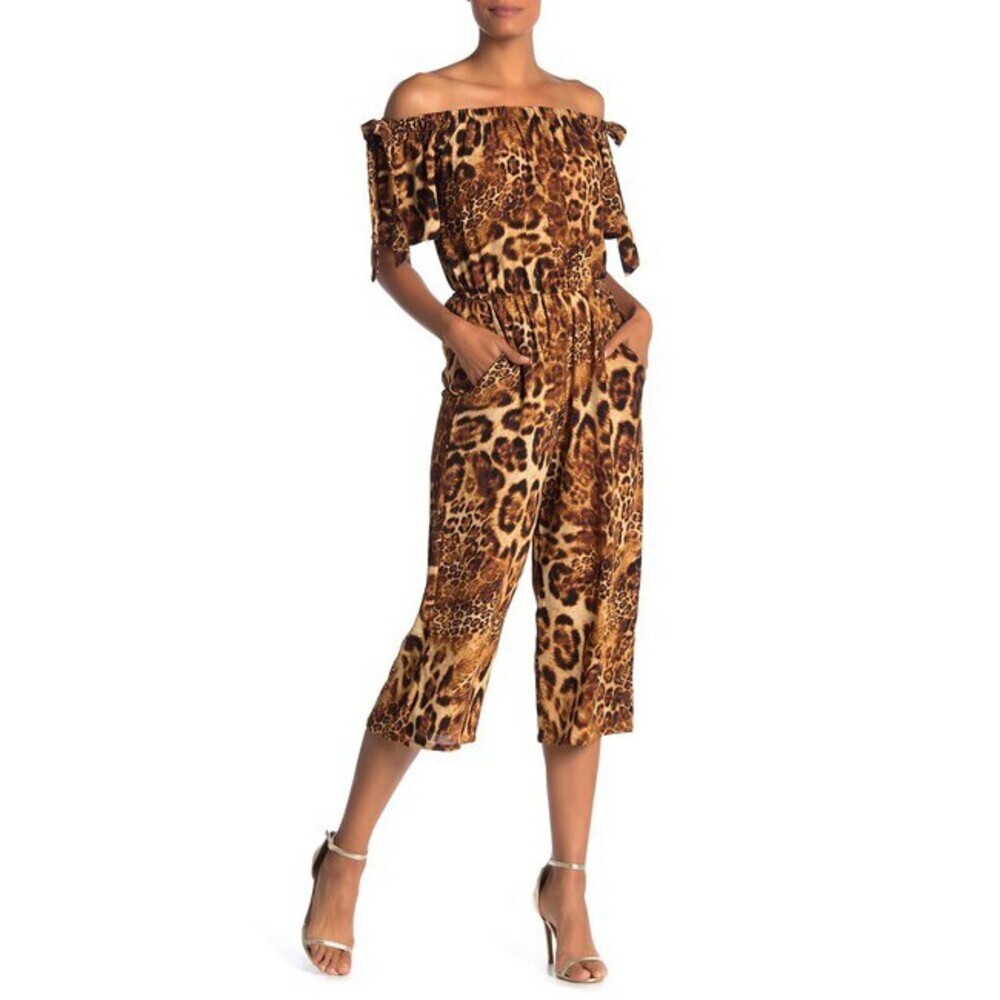 Superfoxx Off The Shoulder Crop animal print Jumpsuit In Mocha Size XS